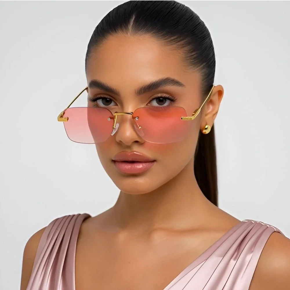 Pink Square Frameless Sunglasses‎ Gold Metal Frame Gradient Tinted Lens Hippie